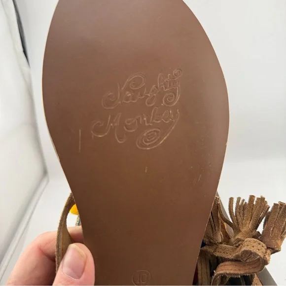 Naughty Monkey Boho Suede Sandals. Size 10 Colorful Pom Pom & Tribal Trim - Picture 4 of 6